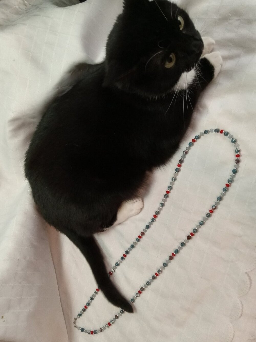 Long handmade necklace in blue tones with red accents - without the cat